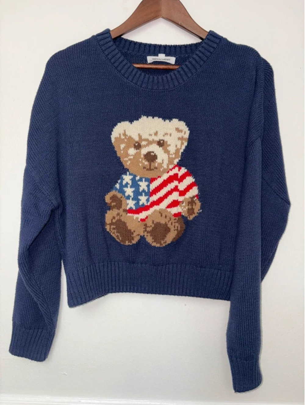 Grayson Threads XXL Patriotic Teddy Bear Cropped Sweater Navy Americana